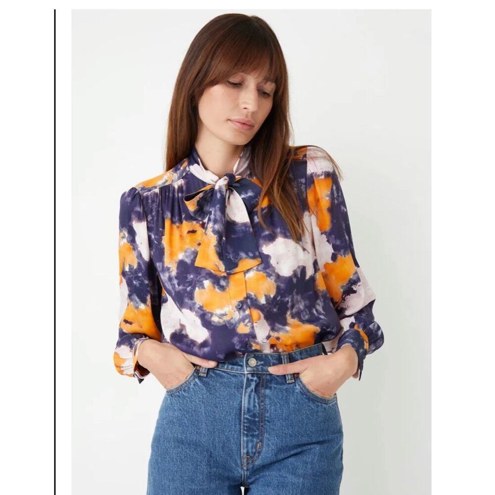 & Other Stories Tie Dye Purple Orange Longsleeve Button Blouse Tie Collar 6